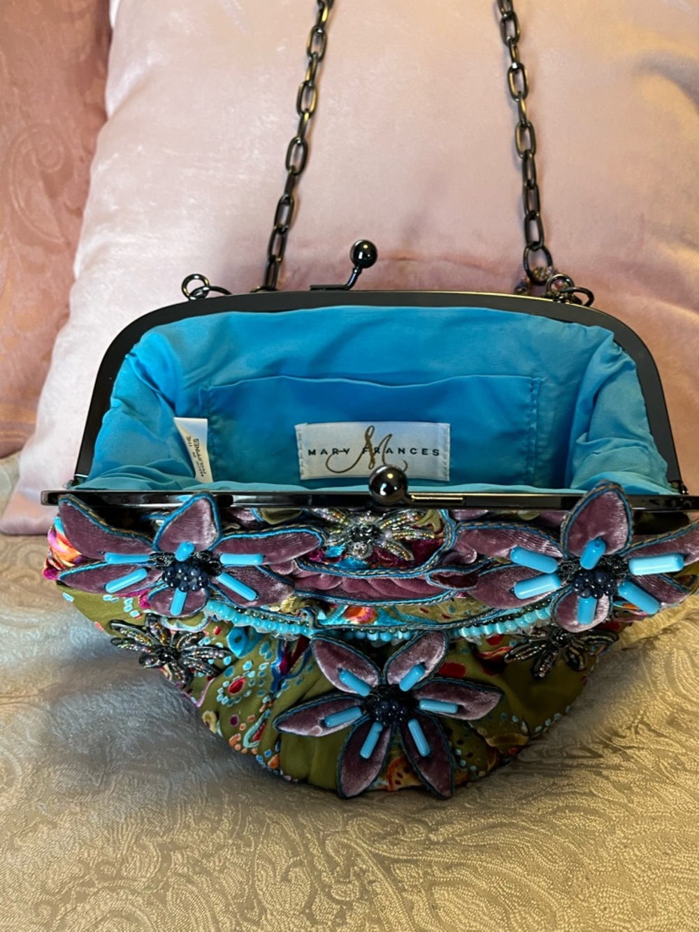 Mary Frances Vintage Olive & Mauve Floral Beaded Clutch, NWT - Picture 3 of 15